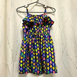 EUC Flowy a-line dress with ruffle in cobalt with bright fruity pattern